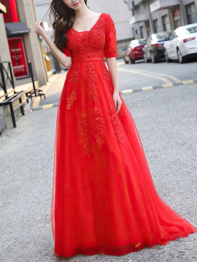 Princess V-neck Tulle Floor-length Appliques Lace Prom Dresses #UKM020103229