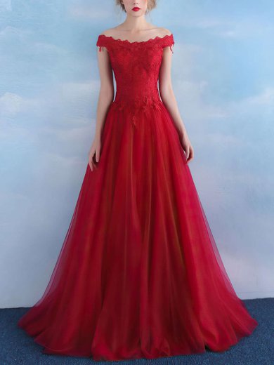 Princess Off-the-shoulder Tulle Floor-length Appliques Lace Prom Dresses #UKM020103235