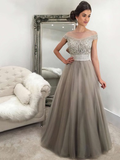 Princess Scoop Neck Tulle Floor-length Beading Prom Dresses #UKM020103236