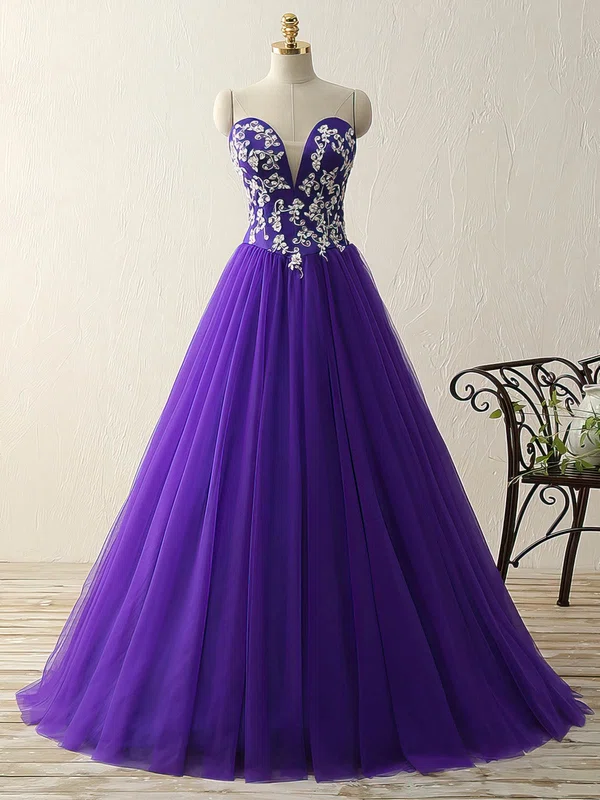 Ball Gown V-neck Tulle Floor-length Appliques Lace Prom Dresses #UKM020103239