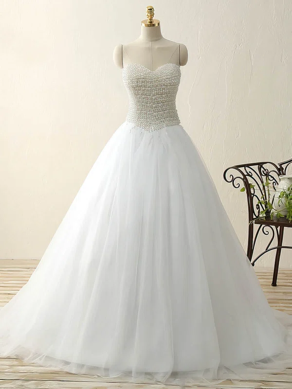 Trendy Princess Sweetheart Tulle Pearl Detailing Sweep Train White Prom Dresses #UKM020103240