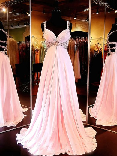 Princess V-neck Chiffon Sweep Train Beading Prom Dresses #UKM020103241