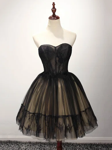 Black Ball Gown Strapless Tulle Prom Dresses With Appliques #UKM020103252