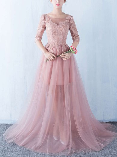 Princess Scoop Neck Tulle Floor-length Appliques Lace Prom Dresses #UKM020103254
