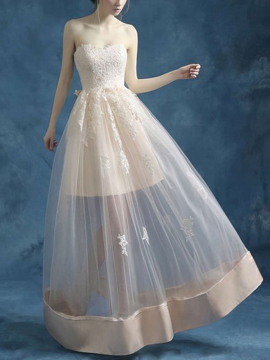 A-line Sweetheart Satin Tulle Floor-length Appliques Lace Prom Dresses #UKM020103259