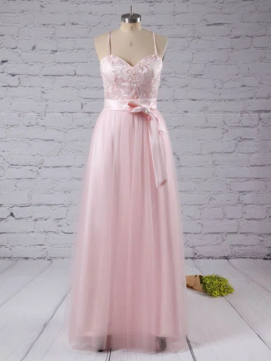 A-line Tulle Sashes / Ribbons Spaghetti Straps V-neck Bridesmaid Dress #ZPUKM01012625