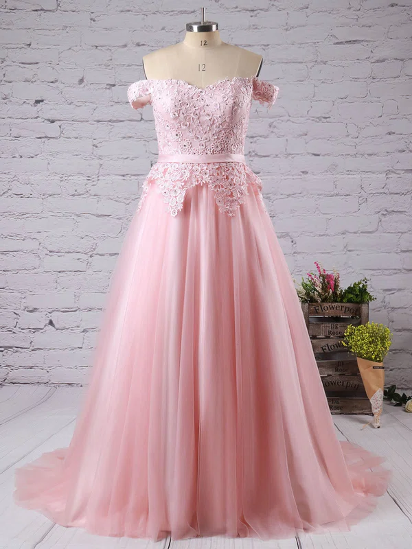 Princess Off-the-shoulder Tulle Sweep Train Beading Prom Dresses #ZPUKM020100904