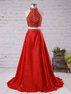 Two Pieces High Neck Red Satin Split Front Sweep Train Prom Dresses #ZPUKM020101169