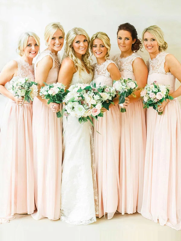 Elegant Sweep Train Pearl Pink Chiffon Lace Scoop Neck Bridesmaid Dresses #UKM01012467