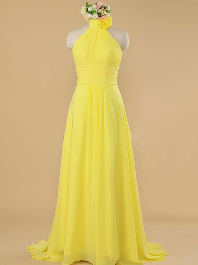 Elegant Chiffon Ruffles Sweep Train Halter Yellow Bridesmaid Dress #UKM01012482