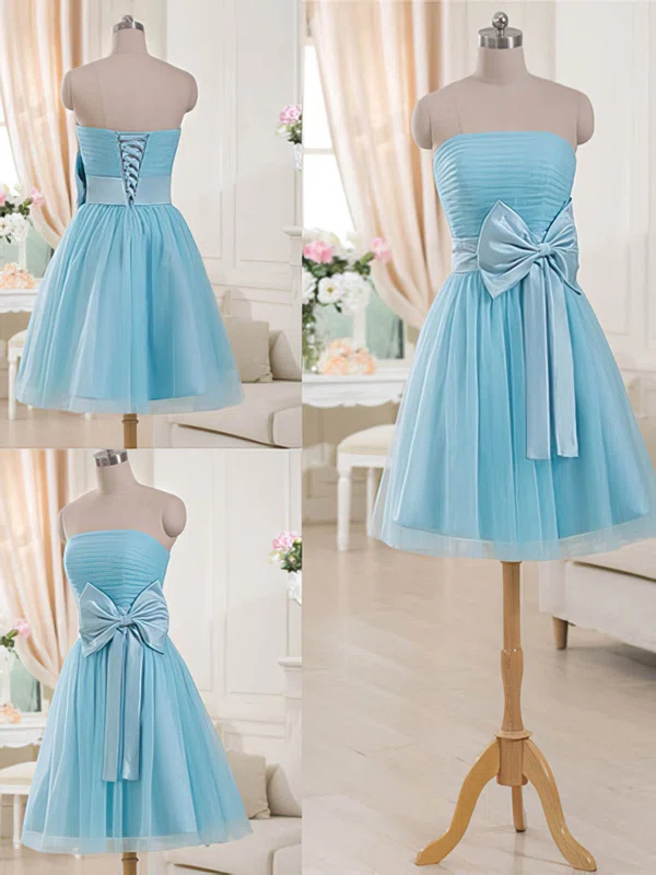 Strapless Blue Tulle with Bow Lace-up Juniors Short/Mini Bridesmaid Dresses #UKM01012516