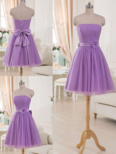 Great Lilac Strapless Tulle with Sashes/Ribbons Lace-up Short Bridesmaid Dresses #UKM01012517