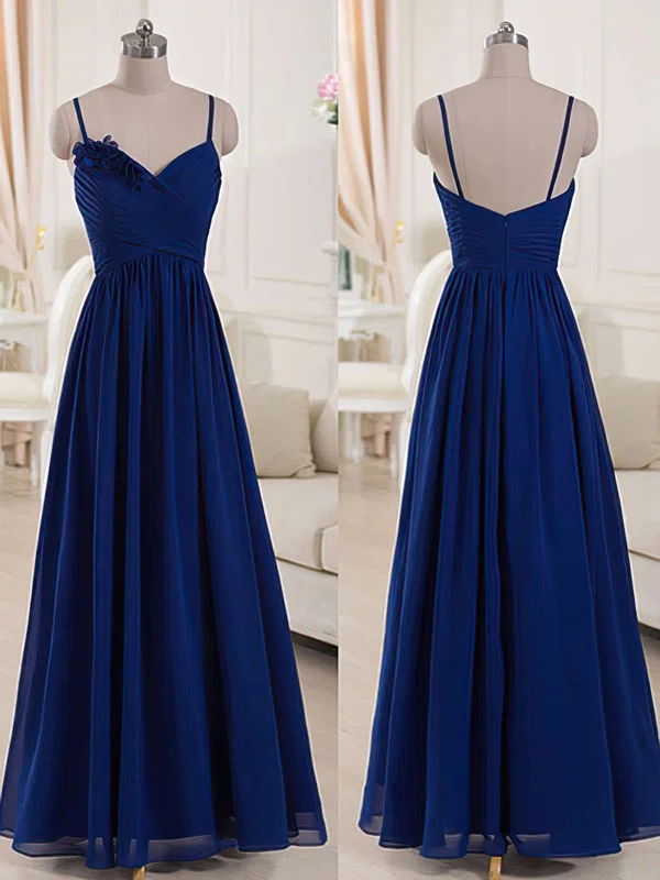 Royal Blue V-neck Backless Chiffon Flower(s) Spaghetti Straps Nice Bridesmaid Dresses #UKM01012518