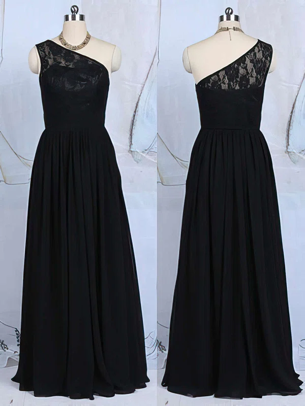 Wholesale Black Lace Chiffon Ruffles A-line One Shoulder Bridesmaid Dresses #UKM01012520