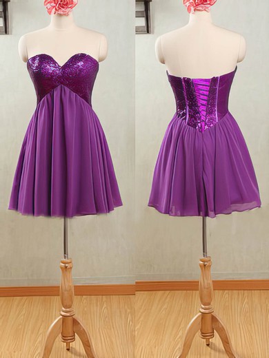 Purple Chiffon Sequined Different Empire Lace-up Short/Mini Bridesmaid Dresses #UKM01012532