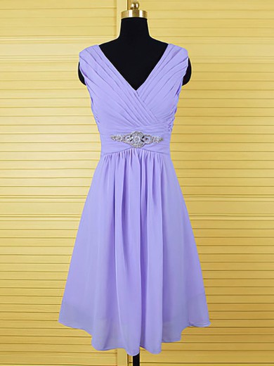 A-line Chiffon Crystal Detailing Unique Lavender Knee-length Bridesmaid Dresses #UKM01012555