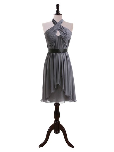 Halter Gray Chiffon Sashes/Ribbons Backless Knee-length Bridesmaid Dresses #UKM01012608