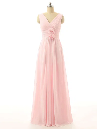 Pink V-neck Chiffon Floor-length with Ruched Bridesmaid Dresses #UKM01012726