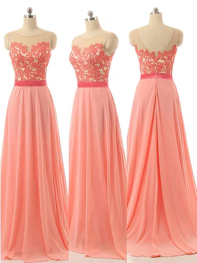 Scoop Neck Chiffon Appliques Lace Sweep Train Elegant Bridesmaid Dresses #UKM01012728