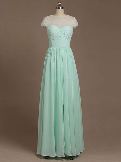 Perfect Scoop Neck Chiffon Lace with Bow Floor-length Short Sleeve Bridesmaid Dresses #UKM01012733