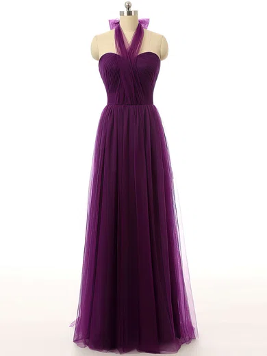 A-line Halter Tulle Floor-length with Ruched Bridesmaid Dresses #UKM01012737