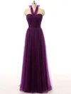 Simple Tulle Floor-length Ruffles Purple Halter Bridesmaid Dresses #UKM01012737