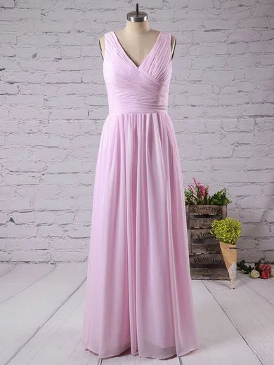 Pink Chiffon Floor-length with Ruffles Nice V-neck Bridesmaid Dress #UKM01012771