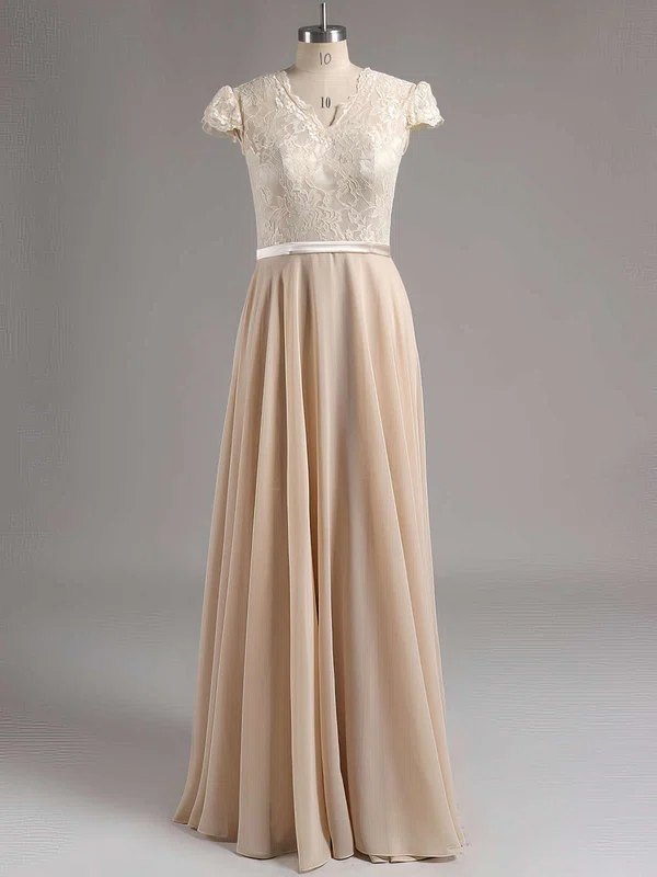 Cap Straps Chiffon Floor-length with Lace Best V-neck Bridesmaid Dress #UKM01012774