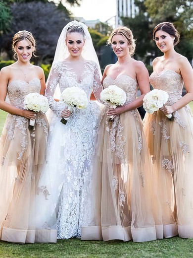 Sweetheart Tulle Floor-length Appliques Lace Modest Champagne Bridesmaid Dress #UKM01012787