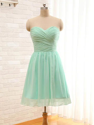 A-line Sweetheart Sage Chiffon Ruffles Short/Mini Bridesmaid Dresses #UKM01012797