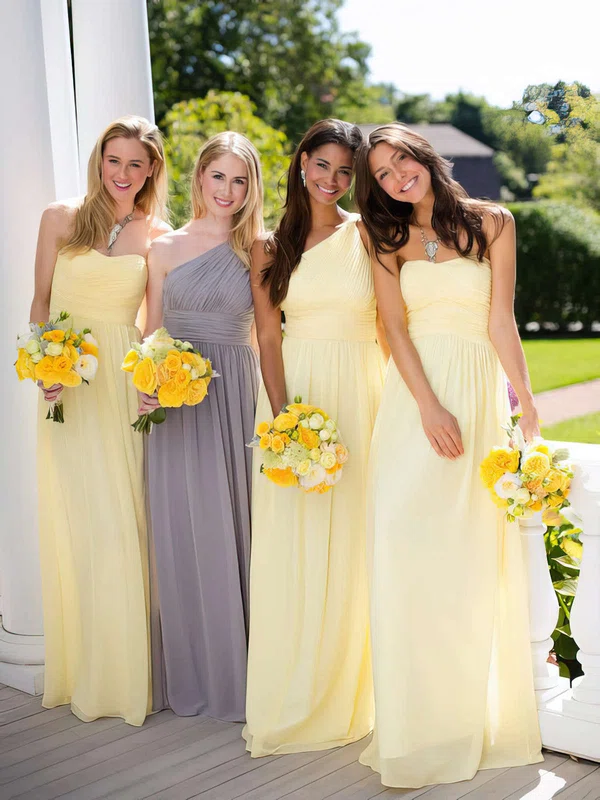 Light Yellow A-line Chiffon Ruffles Top One Shoulder Bridesmaid Dresses #UKM01012806
