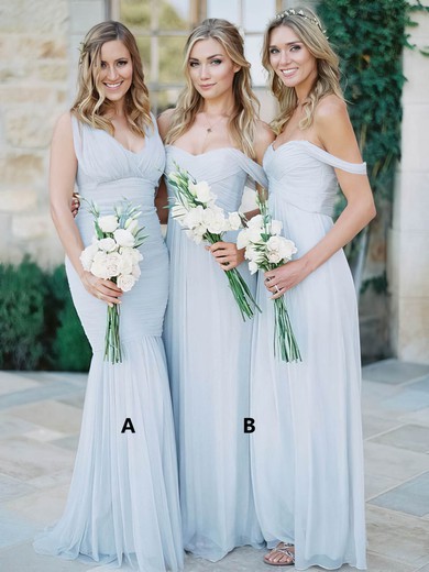 A-line Tulle Ruffles Silver Off-the-shoulder Bridesmaid Dresses #UKM01012810