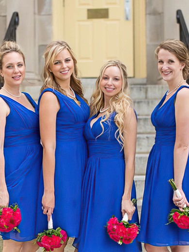 V-neck Chiffon Ruffles Pretty Royal Blue Knee-length Bridesmaid Dresses #UKM01012823