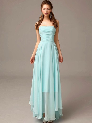 Asymmetrical Light Sky Blue Chiffon Ruched Modest Strapless Bridesmaid Dress #UKM01012831