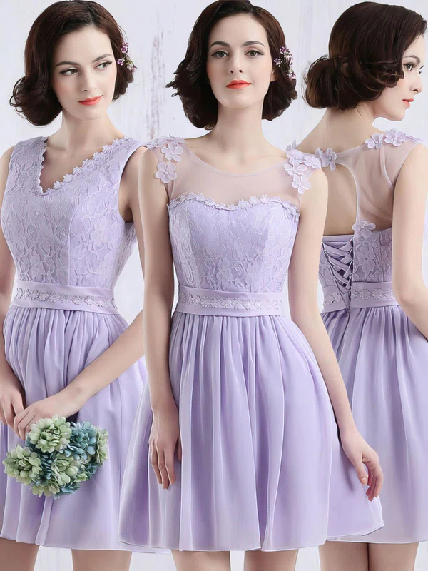 Scoop Neck Lavender Chiffon Tulle Appliques Lace Short/Mini Bridesmaid Dress #UKM01012844