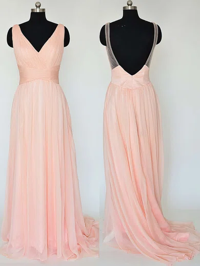 V-neck Chiffon Sweep Train Ruffles Wholesale Backless Bridesmaid Dresses #UKM01012867