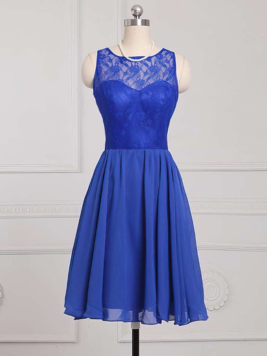 Royal Blue Scoop Neck Chiffon Cheap Knee-length Lace Bridesmaid Dress #UKM01012886