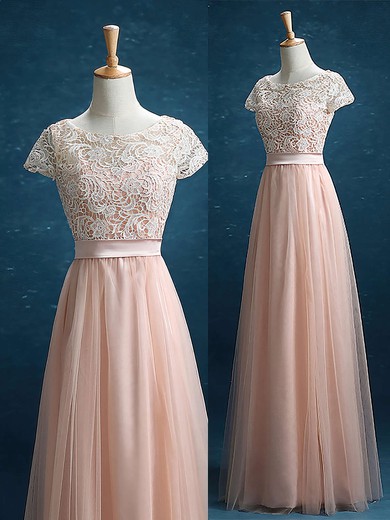 Discount Scoop Neck Lace Tulle Floor-length Sashes / Ribbons Short Sleeve Bridesmaid Dress #UKM01012895