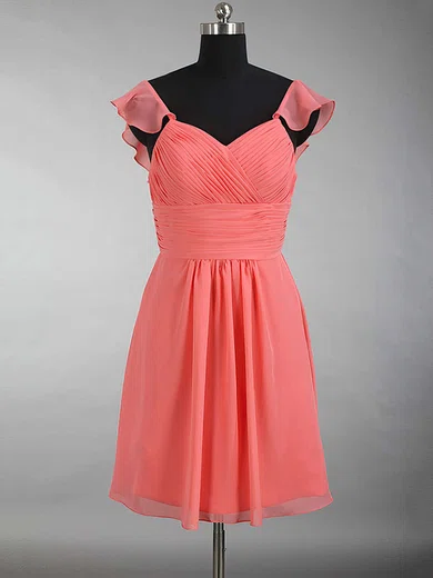 V-Back Light Watermelon Chiffon Short Bridesmaid Dress with Unattached popular Sash