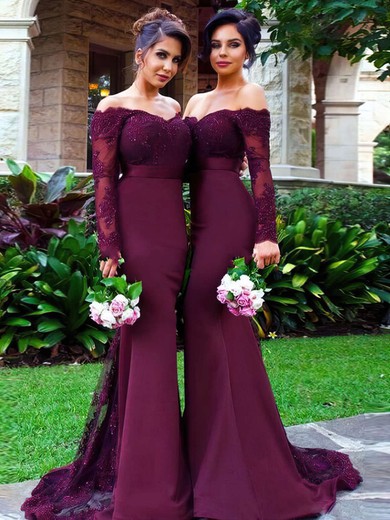 Trumpet/Mermaid Off-the-shoulder Tulle Silk-like Satin Sweep Train Appliques Lace Long Sleeve Bridesmaid Dresses #UKM01012904