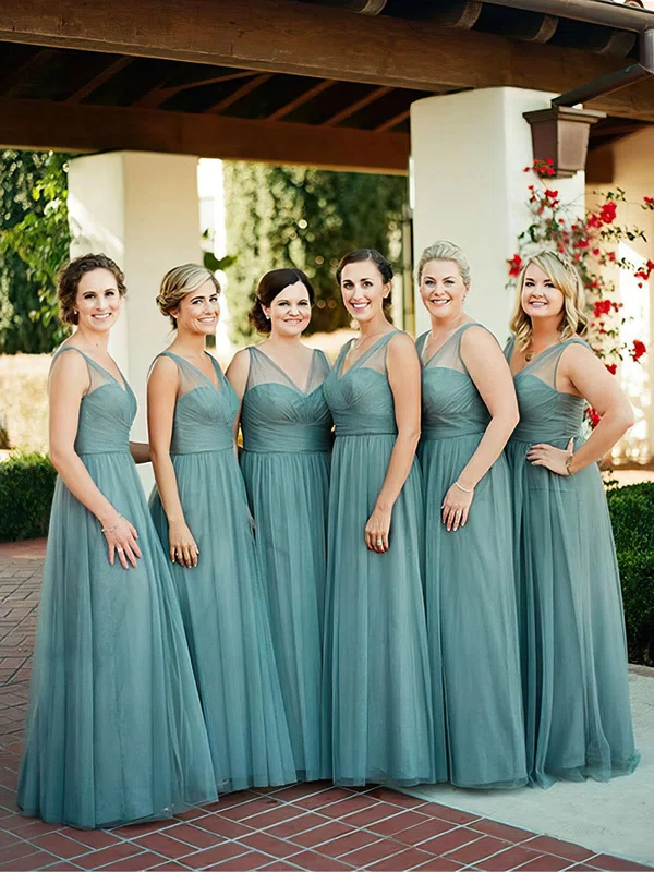 A-line V-neck Tulle Floor-length with Ruffles Affordable Bridesmaid Dresses #UKM01012907