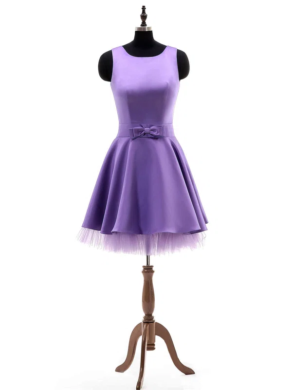 Online A-line Scoop Neck Satin Tulle Short/Mini with Bow Bridesmaid Dresses #UKM01012924