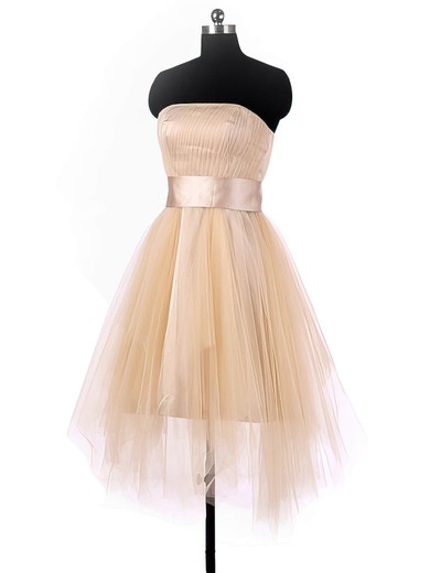 A-line Strapless Tulle Asymmetrical Sashes / Ribbons Popular Bridesmaid Dresses #UKM01012964