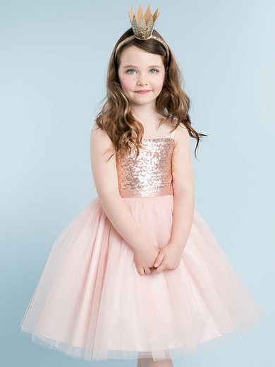 Sparkly A-line Square Neckline Tulle Sequined Bow Knee-length Flower Girl Dresses #UKM01031916