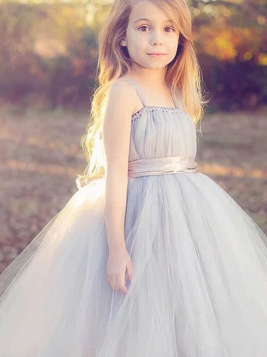 Princess Square Neckline Tulle Floor-length Sashes / Ribbons Trendy Flower Girl Dresses #UKM01031920