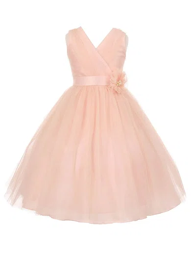 Princess V-neck Tulle Floor-length Sashes / Ribbons Affordable Flower Girl Dresses #UKM01031936
