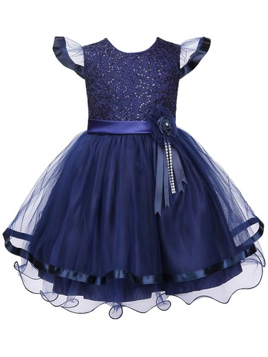 Nice A-line Scoop Neck Tulle Sashes / Ribbons Ankle-length Flower Girl Dresses #UKM01031939