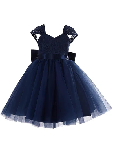 Princess Sweetheart Lace Tulle Bow Dark Navy Tea-length Cute Flower Girl Dresses #UKM01031943