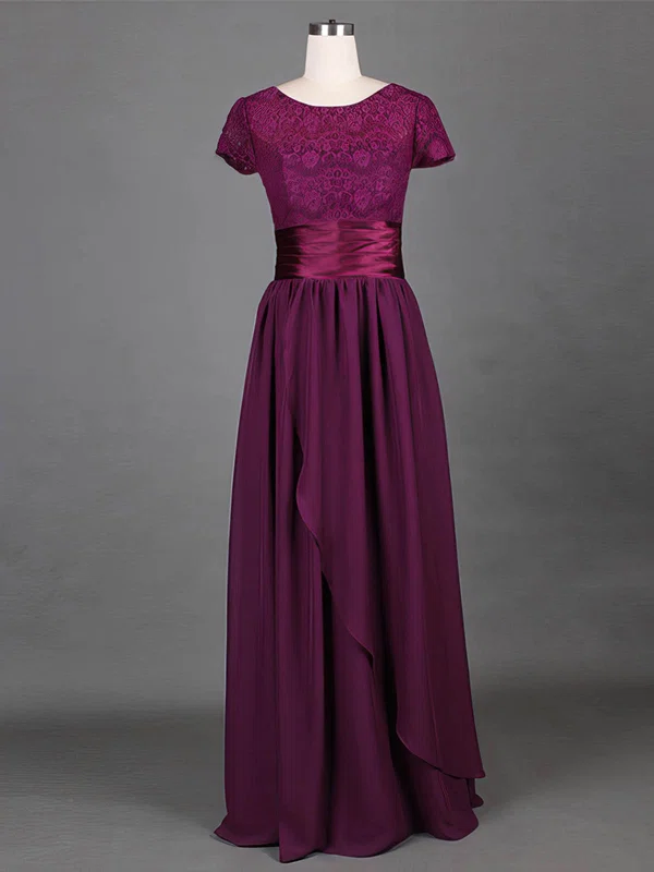 Scoop Neck Grape Lace Chiffon A-line Modest Short Sleeve Mother of the Bride Dress #UKM01021316