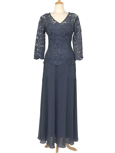 V-neck 3/4 Sleeve Lace Chiffon Ruffles Vintage Floor-length Mother of the Bride Dress #UKM01021558